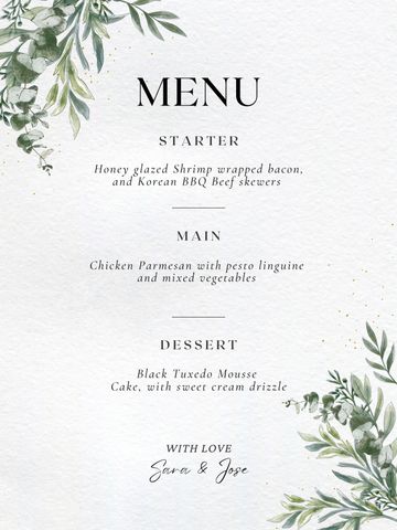 Elegant menu with starters, main course, and dessert, decorated with green foliage.