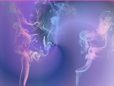 Colorful smoke swirls against a purple gradient background.