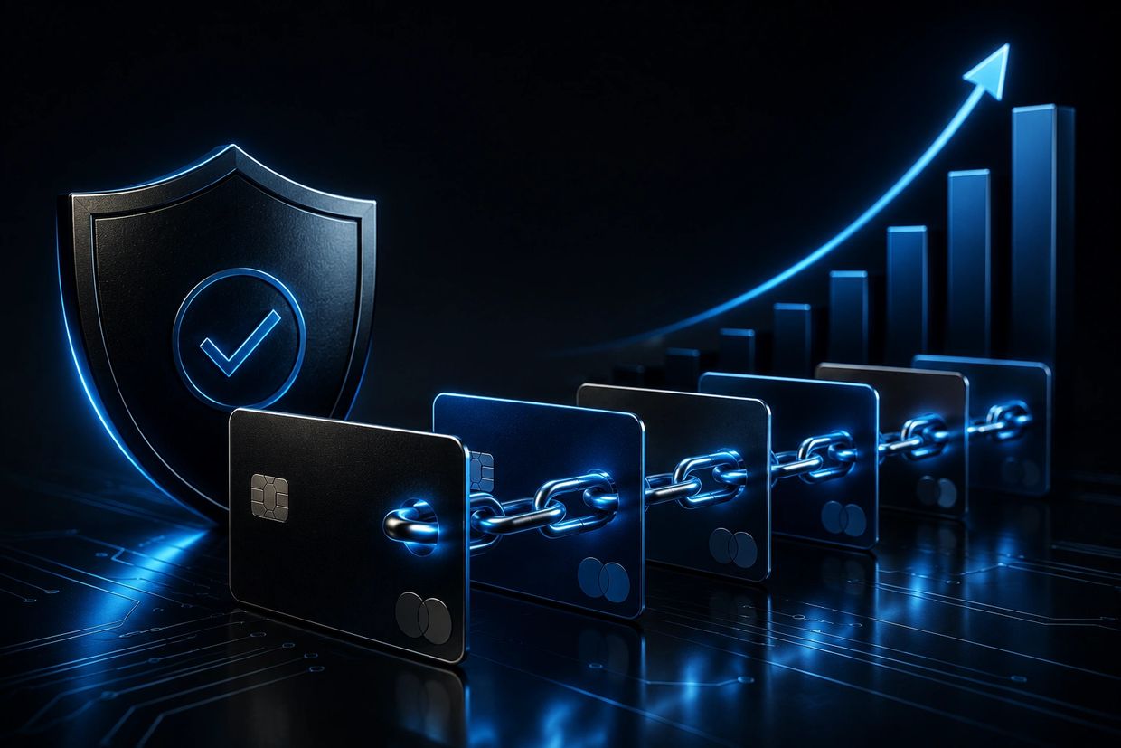 Credit cards linked by chains with rising graph and shield.
