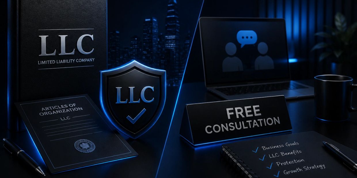 LLC documents and free consultation sign on a desk.