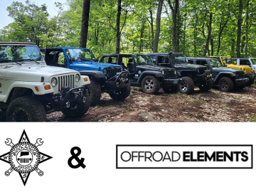 A lineup of six off-road jeeps in a wooded area, plus two off-road logos below.
