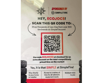 Advertisement for SimpleTire with QR code and discount offer.
