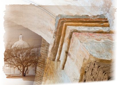Tumacacori Mission National Historical Park. Collage of arch to altar and exterior of dome.