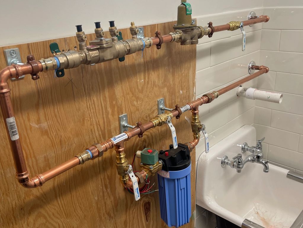 Pressure reducing valve, RPZ, water filter for dental chair water supply system