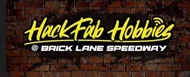 Hack Fab Hobbies logo on a brick wall background.
