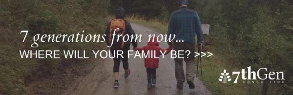 A family walks on a forest path with a message about future generations and family.