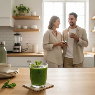 A fresh green smoothie in focus with a smiling couple blurred in the kitchen.