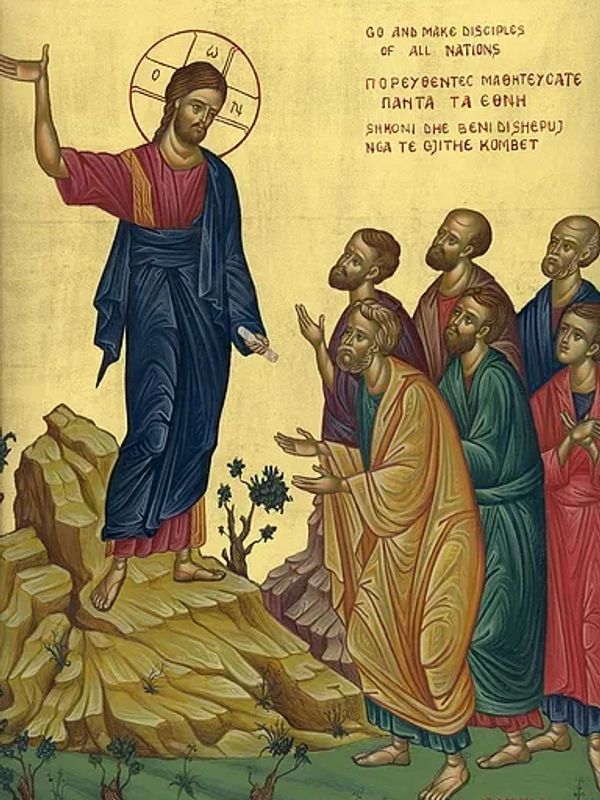 Jesus instructing disciples with a message to make disciples of all nations.