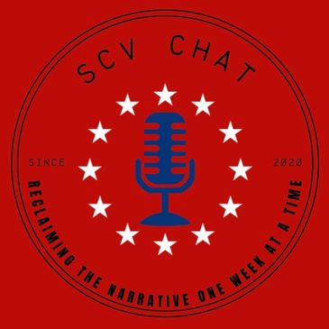 Logo with a microphone and stars on red background.