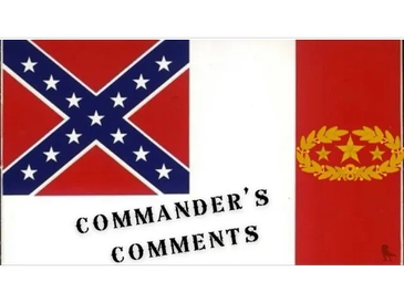 Old Confederate flag with text 'COMMANDER'S COMMENTS'.