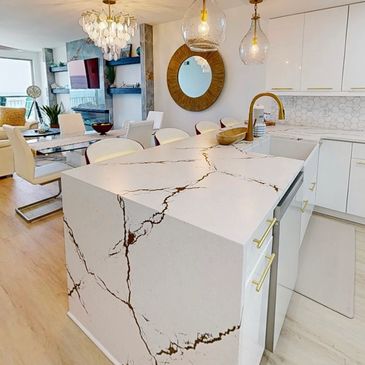 Waterfall gold vein marble countertop.