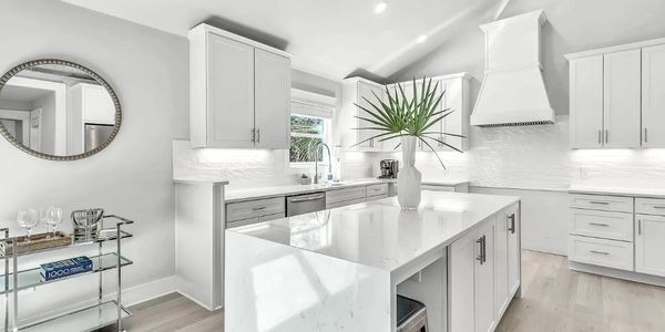 Bright, modern all-white kitchen with a large island and green plant centerpiece.