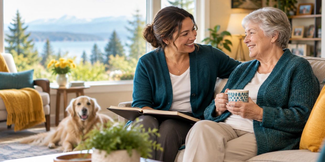 Two women smiling and talking on a couch with a dog in the background.