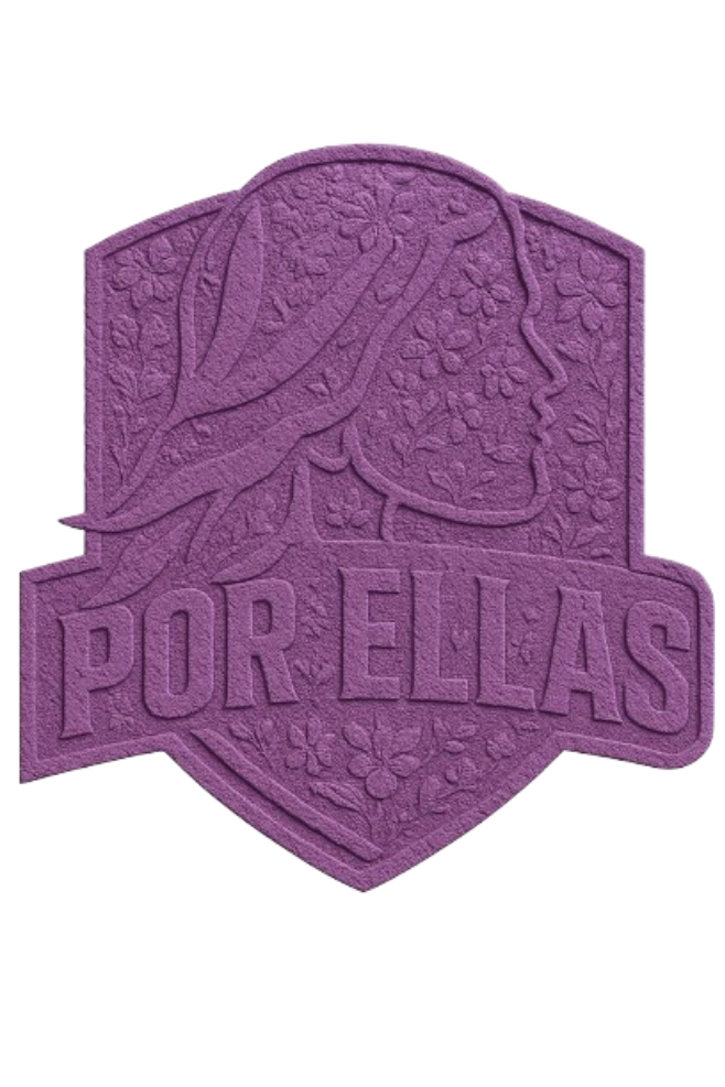 Purple emblem with floral design and female profile, reading 'POR ELLAS'.
