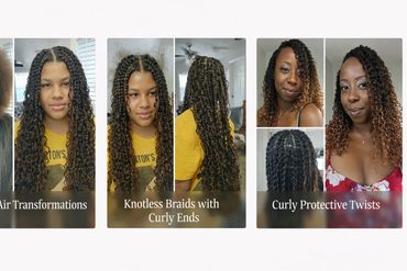 Three hairstyles featuring curly and knotless braids with curly ends and protective twists.