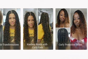 Three hairstyles featuring curly and knotless braids with curly ends and protective twists.