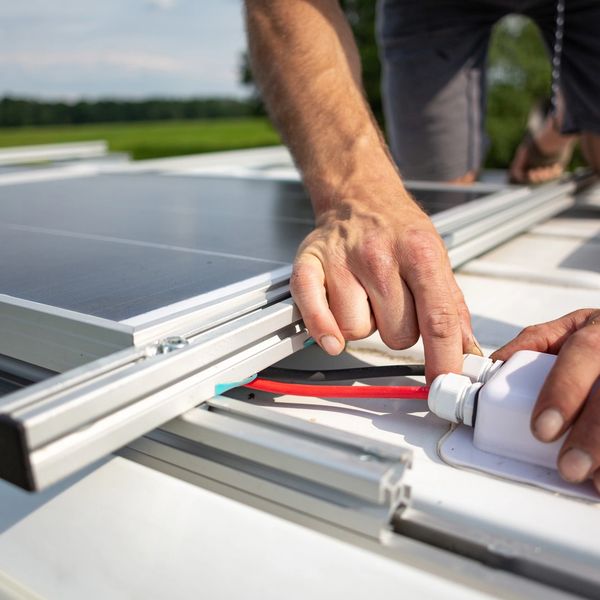 Man repairing a solar pannel on a motorhome/caravan