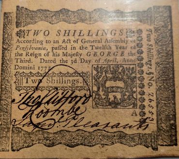 Historical two shillings note from Pennsylvania, dated 1772.
