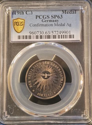 19th-century German confirmation medal graded PCGS SP63 in protective case.