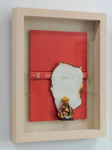 Portadas sin juicios by Marco Caridad, 2024 — assemblage of book covers, burnt pages, and found objects reflecting censorship, memory, and identity