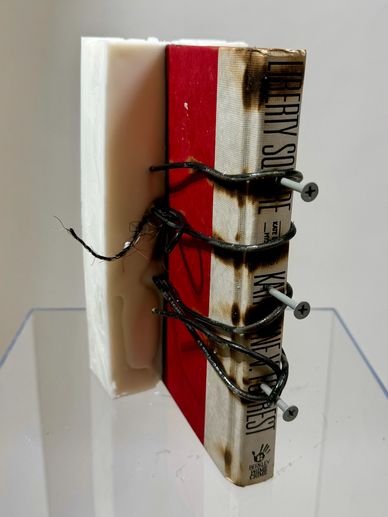 Ashes of Dogma by Marco Caridad, 2024 — assemblage of burnt books, electrical cable, and horsehair