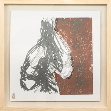 Fingerprints by Marco Caridad, 2021 — monoprint and linocut on paper, featuring organic ink stains and fingerprint patterns in a pinewood box