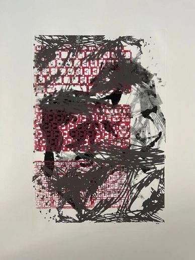 Untitled V from the Digital Mythos series by Marco Caridad, abstract screen print combining Mayan