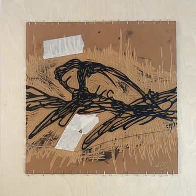 Mom by Marco Caridad, 2021 — linocut matrix stapled to wood panel, with printing traces and marks