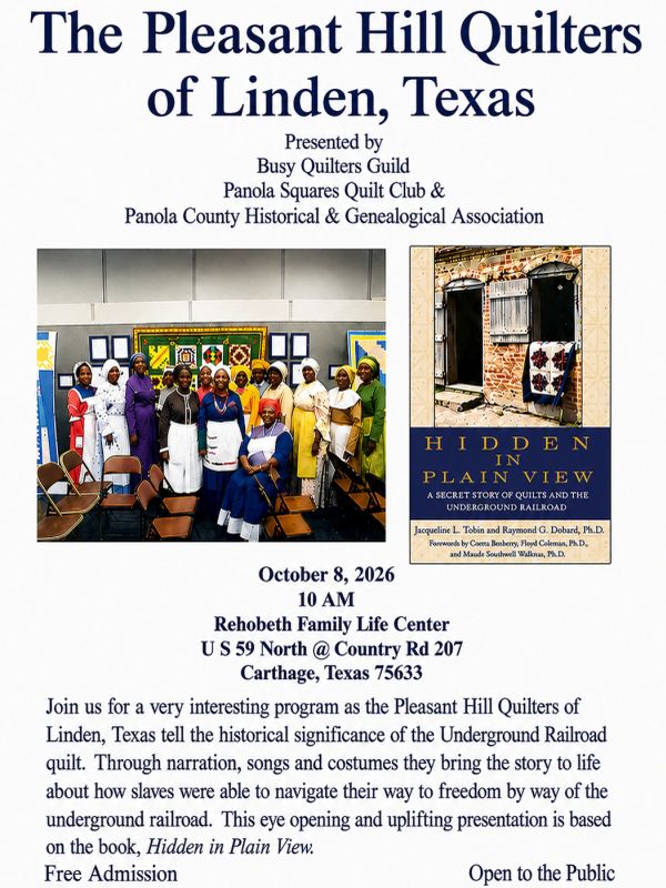 Quilt group event flyer in Linden, Texas about Underground Railroad history.