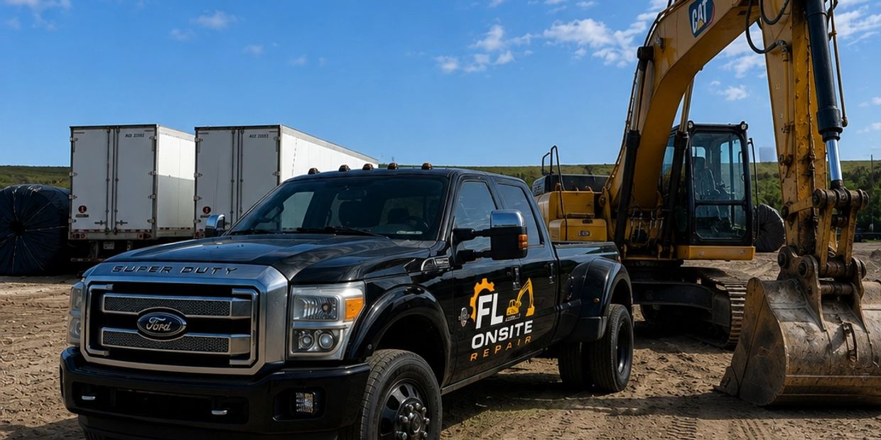Black Ford Super Duty truck with FL Onsite Repair logo near a construction excavator.