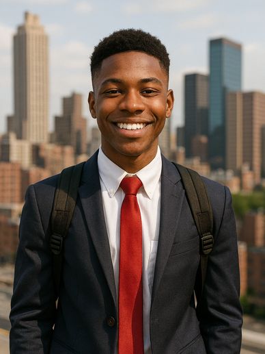 Young man in a suit with a red tie smiling in a cityscape.