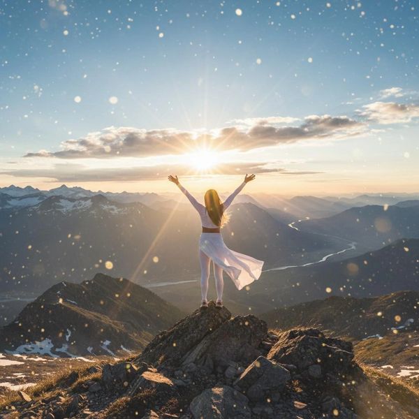 Woman stands on mountain peak with arms raised towards the sunrise.