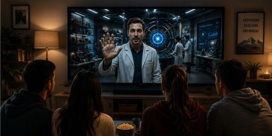 People watching a scientist on a large screen in a dark room.