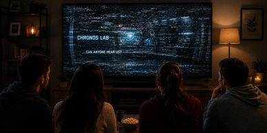 Four people watch a glitchy screen with "CHRONOS LAB" text.