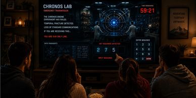 Four people watching a sci-fi lab interface on a screen.