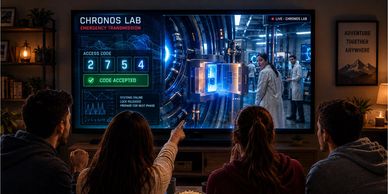 People watching a sci-fi lab scene with access code on TV.
