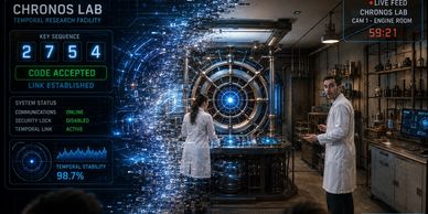 Scientists working with advanced temporal technology in a lab.