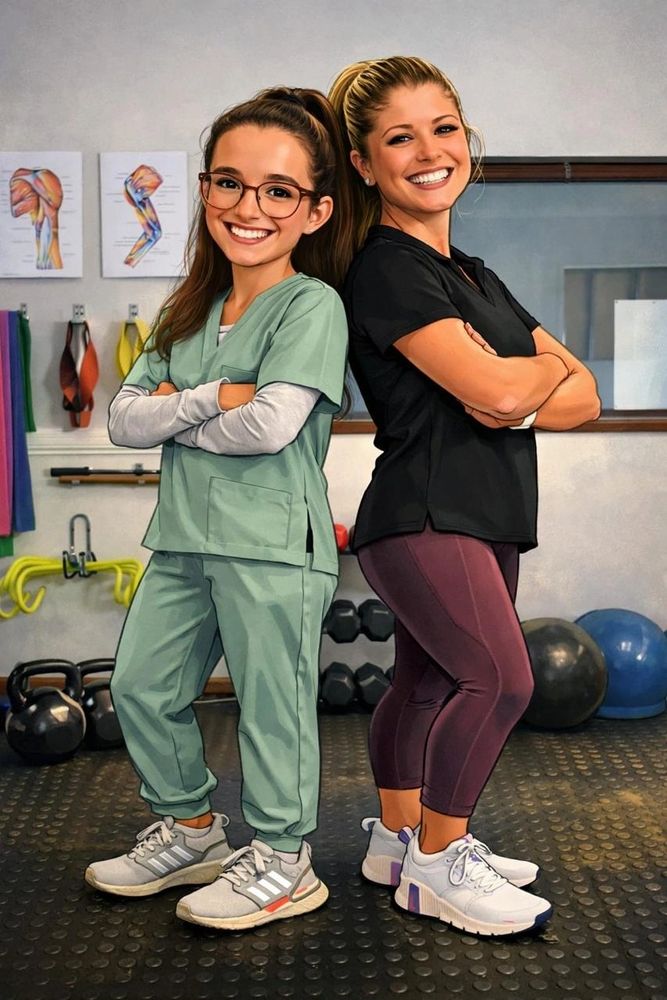 Illustrated caricature of biokineticists Jen Steele and Samantha Goosen at Enhance Movement rehabilitation and performance practice in Randburg