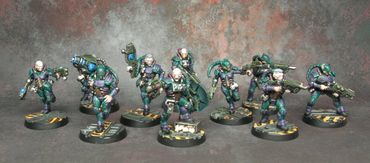 Example of completed Necromunda Van Saar gang painted on commission.