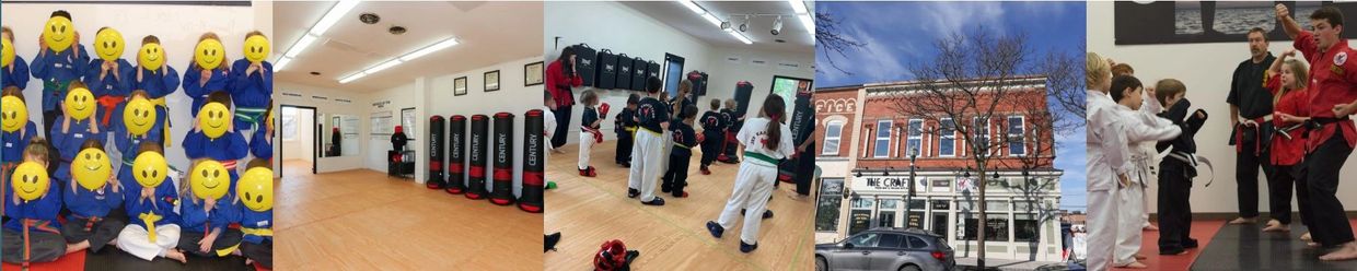 Five small pics: (1) Kids in 3 rows with smiley faces in front of their heads. (2) JKS dojo (3) Back