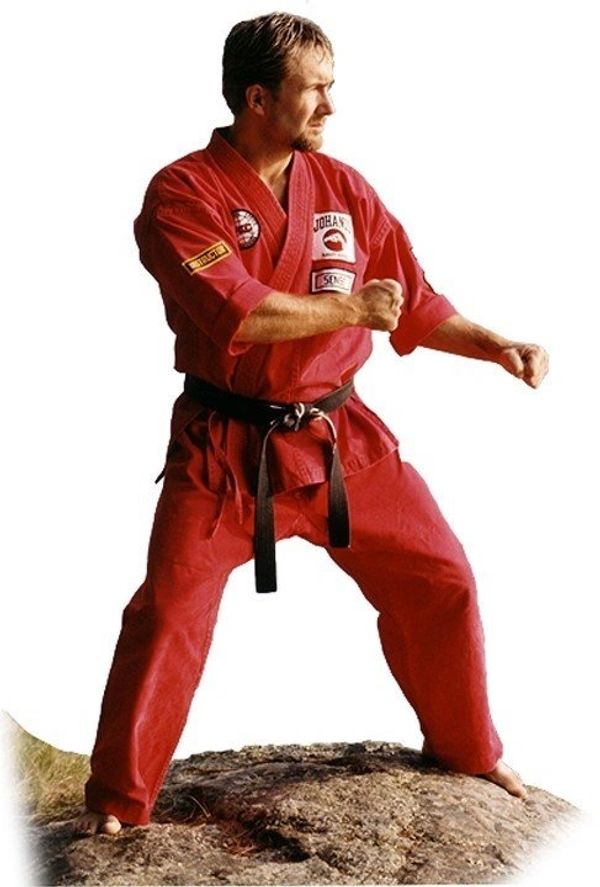 Kyoshi John in red Gi (uniform) striking a karate pose while standing on rock. (Background  removed)