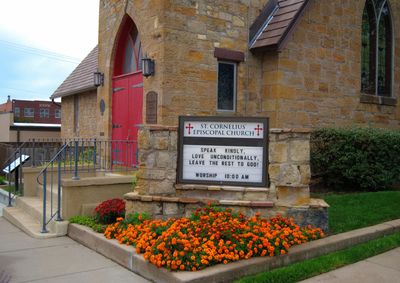 Photo of Saint Cornelius Church from the corner of spruce and first avenue in Dodge City, Kansas.