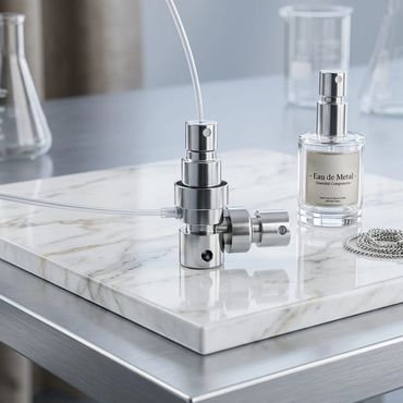 Metal spray nozzles and Eau de Metal perfume on a marble slab in a laboratory setting.