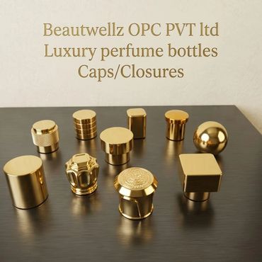 Gold luxury perfume bottle caps and closures on display.