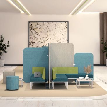 Modern office seating with privacy panels in blue and green.