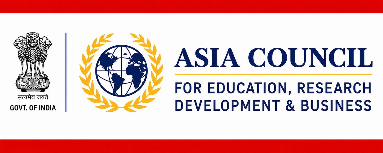 Logo of Asia Council for Education, Research, Development & Business with Govt. of India emblem.