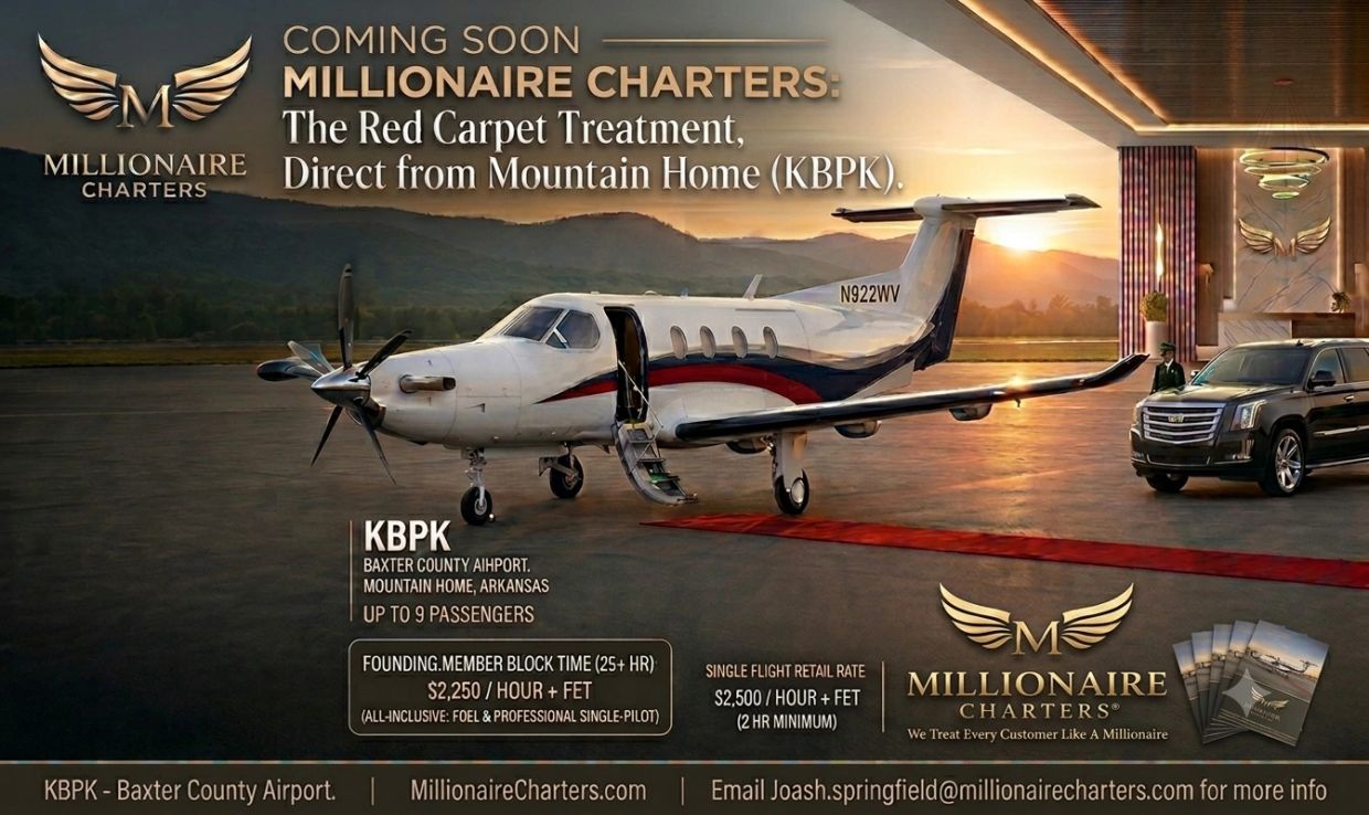 Luxury Millionaire Charters offers private flights from Mountain Home, Arkansas, with red carpet service.