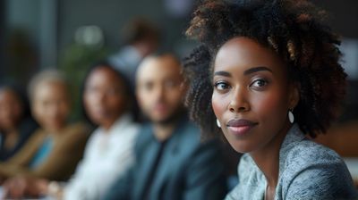 Close up of business woman with others at the conference room table, faded out. The picture is near