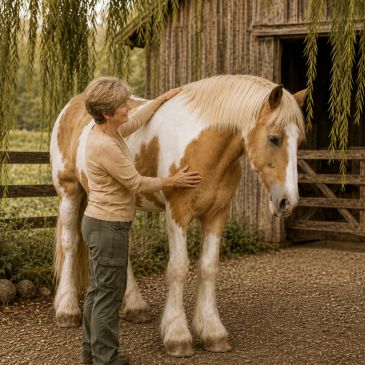 Woman petting a horse near a barn.