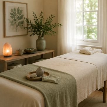 Calm massage room with natural decor and soft lighting.